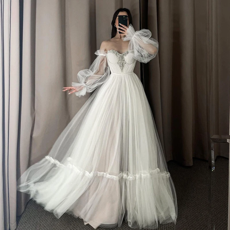 

Eightree Elegant White A-Line Wedding Dresses Puff Sleeve Beadings Tulle Evening Dress Boho Beach Wedding Prom Gowns Plus Size