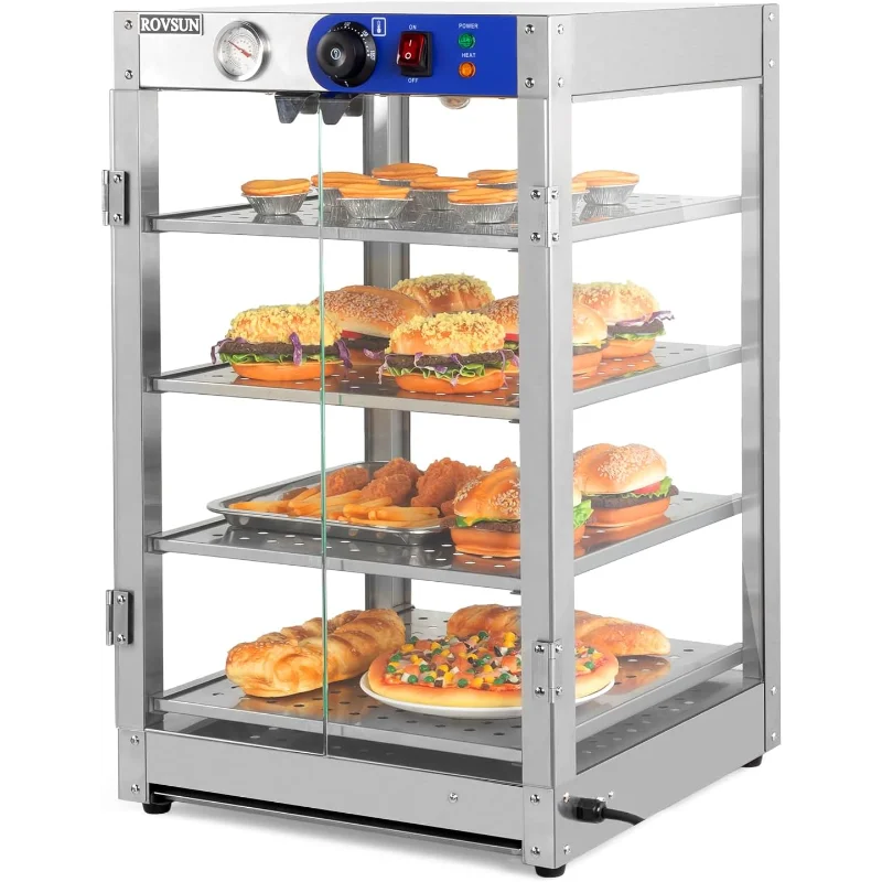 ROVSUN Aquecedor de alimentos de 4 camadas para bancada de aquecedor de pizza, pretzel de exibição de alimentos com prateleiras removíveis de iluminação LED
