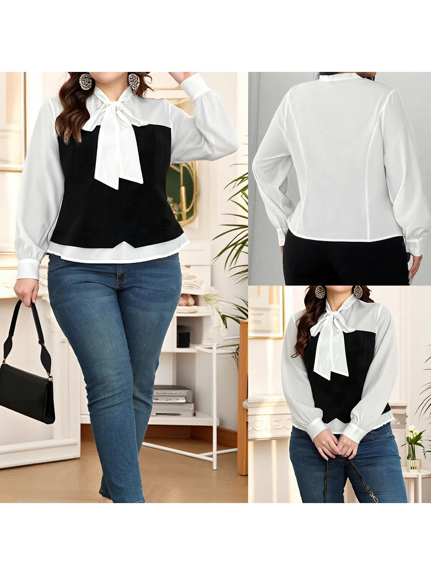 قمصان نسائية مقاس كبير للخريف متباينة مكونة من قطعتين ورقبة ربط وأكمام طويلة لملابس العمل غير الرسمية والنزهات في عطلة نهاية الأسبوع مع