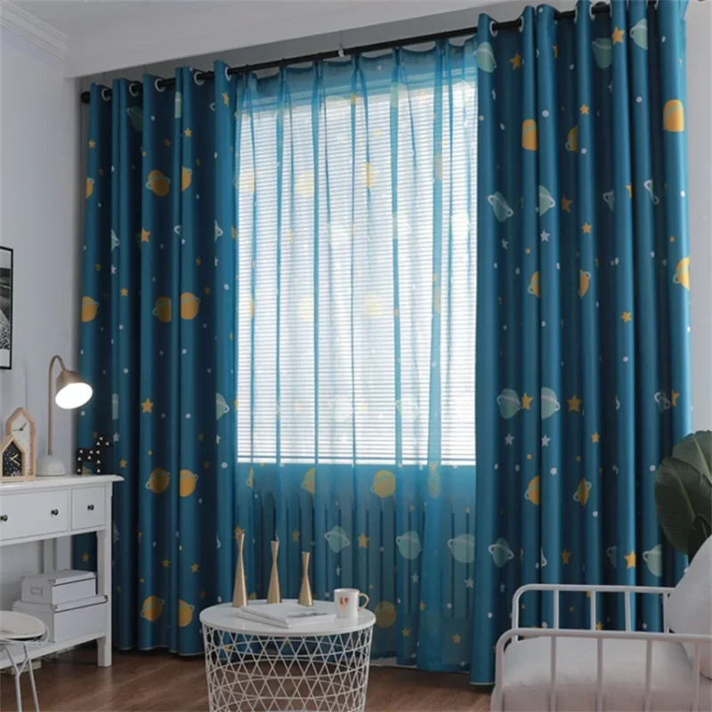 Modern Cartoon Blue Planet Embroidery Tulle For Boy Room Kids Room Cute Starry Sky Star Curtains For Living Room Decor Screen