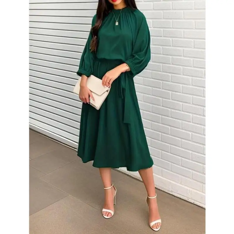 

Women's Pure Color Belted Dr Fake Collar Casual Sport Suit Seven Sve Length Autumn Season New Sle Cross-Border Dr