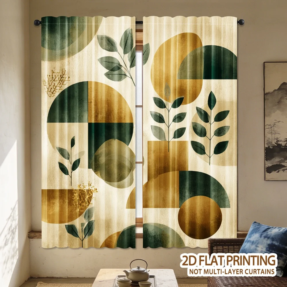 Morandi geometric green plant pattern polyester overlock curtains, with pole-mounted design suitable for living room study room