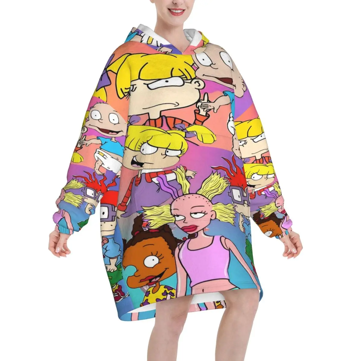 Cartoon R-Rugrats Wearable Blanket Hoodie for Women Men Oversized Sweatshirt Blanket with Pocket