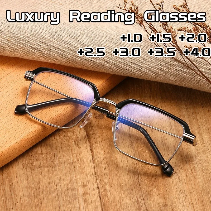 

Men Business Square Frame Reading Glasses Luxury Blue Light Blocking Presbyopia Eyeglasses Hign Definition Far Sight Eyewear