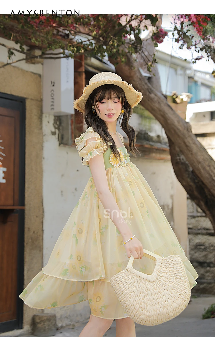 

2025 Summer New Fresh Design One-Shoulder Pastoral Style Yellow Floral Print Chiffon Strap Mid-Length Loose Dress