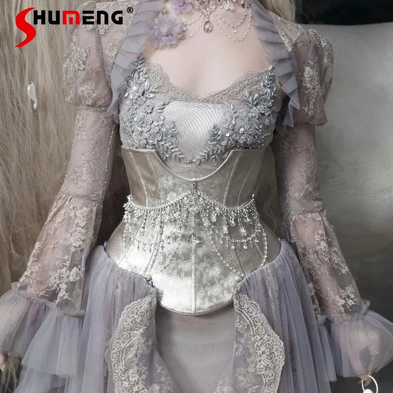 

Japanese Lolita Y2k Short Waistband Exquisite Silver Dark Patterned Rhinestone Armor Corset Apparel Accessories Y2k Cummerbunds