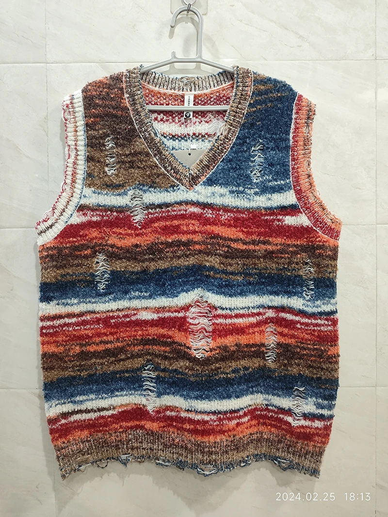 Vintage Farbverlauf Gestreifter Baggy Strickpullover Weste Gewaschener Lässiger Zerrissener Pullover Y2k V-Ausschnitt Ärmellose Strickware Workout – Detail 3