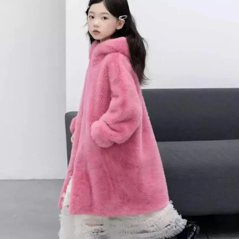 2024 Winter New Children\'s Faux Fur Jacket Imitation Mink Fur Coat Girls Warm Hooded Overcoat A4230