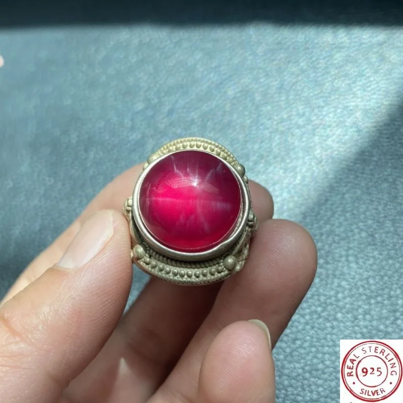 

Vintage Star Ruby Tibetan Silver Ring, Unisex Round Open Band, Enamel Inlaid Retro Silver Jewelry