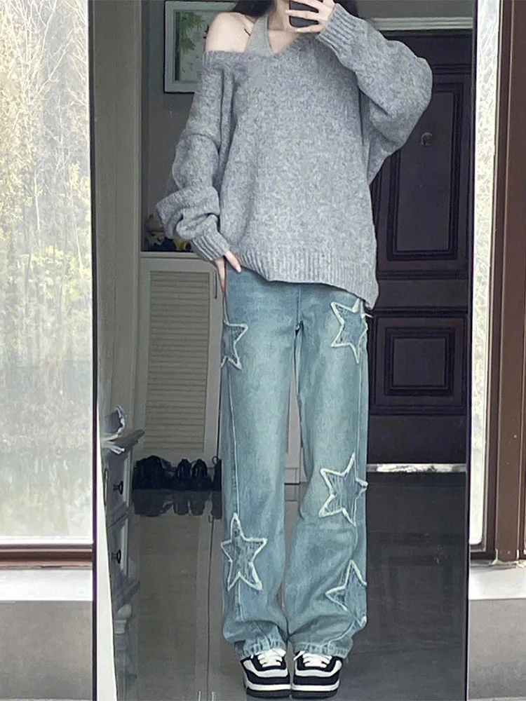

Весенне-осенние джинсы со звездами для женщин, лоскутные широкие брюки с высокой талией, американские повседневные модные синие джинсовые брюки в стиле ретро