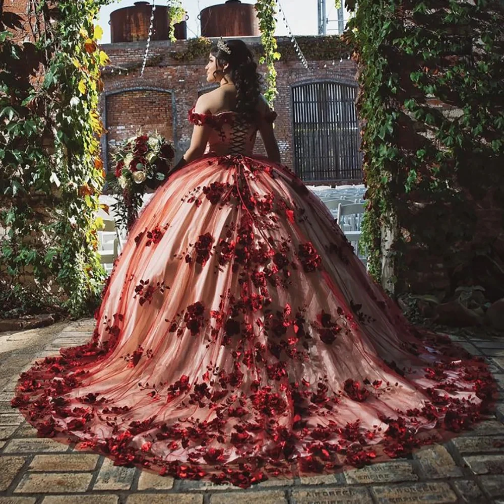 

Red 3D Flowers Lace Ball Gown Quinceanera Dresses Off The Shoulder Crystal Beading Corset Sweet 16 Vestidos De XV Años