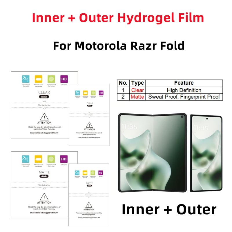 Filme de hidrogel transparente interno e externo para motorola razr fold, filme protetor fosco para celular dobrável, protetor de tela hd