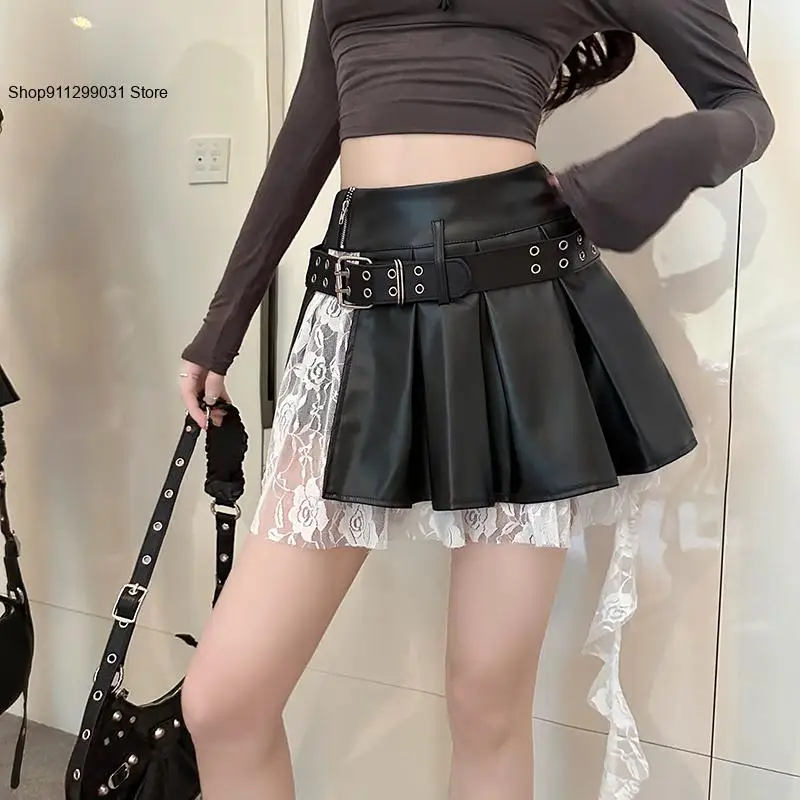 Spring and Autumn Simple Lace Hundred Fold Pu Leather Irregular Splicing A-Line Short Skirt for Women Autumn