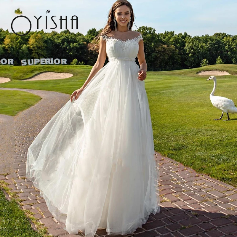 OYISHA Vintage suknie ślubne z aplikacjami z okrągłym dekoltem rękawy Cap plisowane suknie ślubne eleganckie plażowe vestido de noiva dla kobiet Vintage O-Neck Appliques Suknie ślubne Cap Sleeves Plisowane suknie ślubn