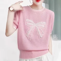 Fashion O-Neck Spliced All-match Bow Beading Blouse Female Clothing 2023 Summer New Casual Pullovers Tops Loose Commute Shirt