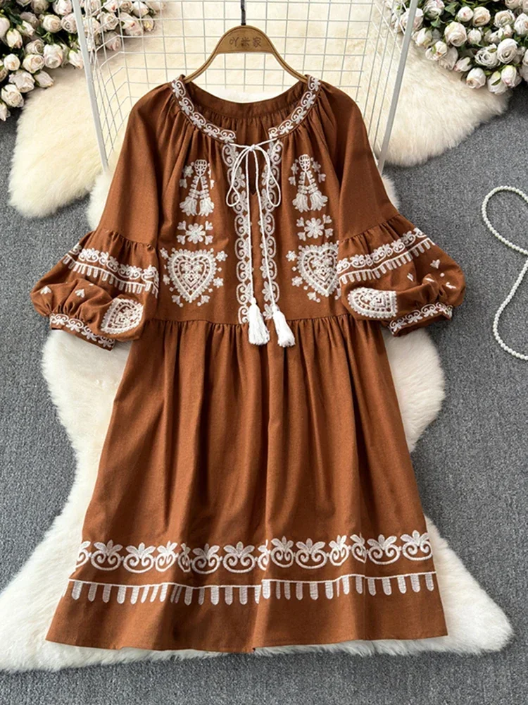 Women\'s Spring Summer Dress Bohemian Retro Ethnic Style Diamond Cotton Linen Blend Embroidered Lantern Sleeves Mini Dress A20