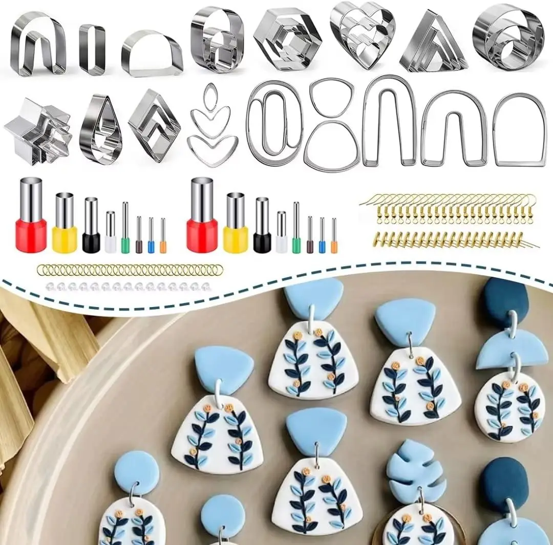 142pcs Polymer Clay Cutters Stainless Steel Clay Earring Cutter with Earring Hooks Jump Rings DIY Jewelry Craft Accessories