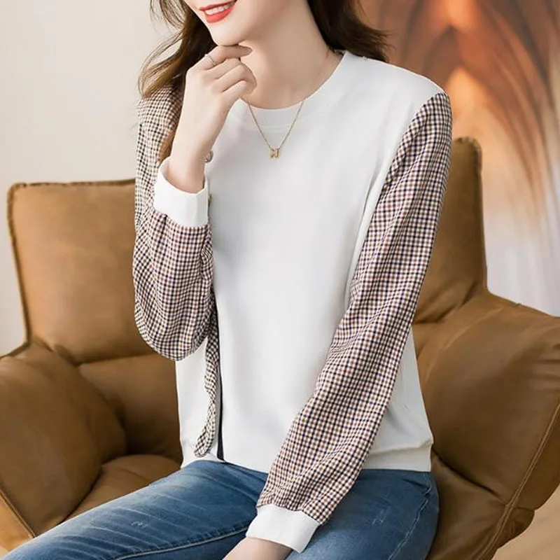 Lazy Commuting Design with Patchwork Plaid Fashionable Temperament Loose Versatile Slim Women\'s Long Sleeved Sweater