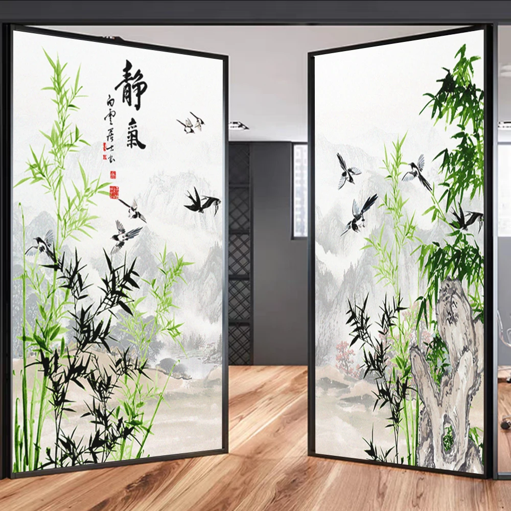 Película estática adhesiva no transparente para ventana de privacidad, pegatina de vidrio para ventana con bloqueo UV, tinte decorativo para ventana de bambú verde