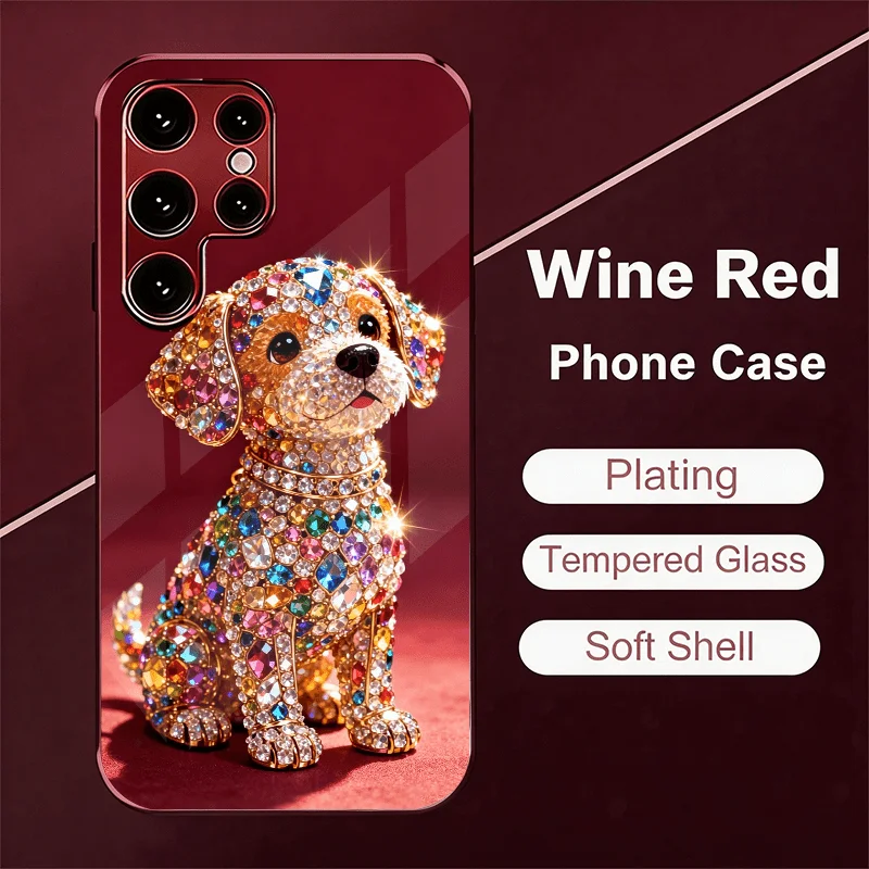 Cute gemstone puppy Phone case s26 ultra case s25 plus s24 Glass phone case for Samsung Galaxy s26/s25/s24/s23/s22 Ultra FE Plus