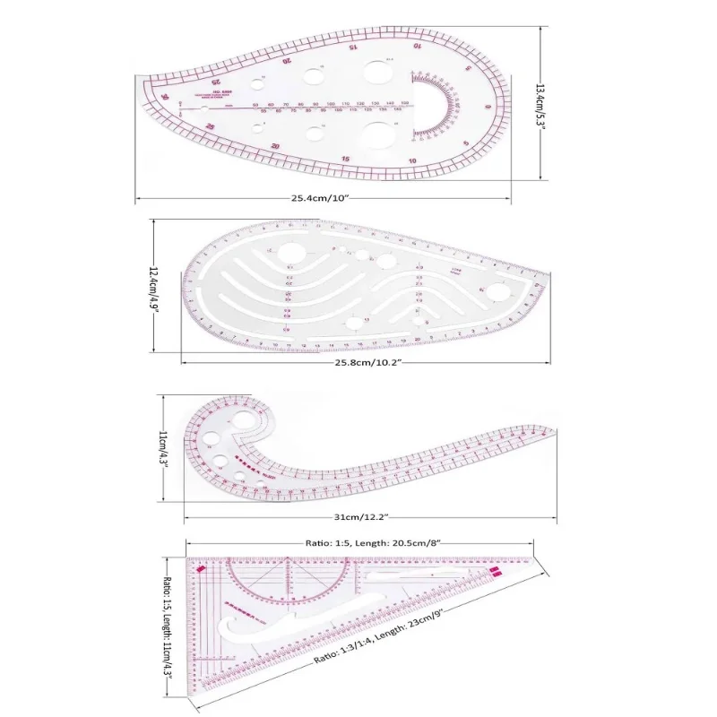 4PCS Fashion Design Proofing Plate Making Cutting Curve Button Ruler Arc Sewing Ruler PVC Ruler Sewing Combination Set