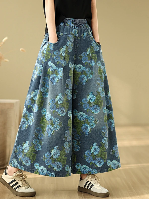 الربيع الصيف رقيقة الأزهار طباعة Waed الدنيم عالية الخصر ضئيلة واسعة الساق عارضة السراويل ل زائد حجم المرأة العصرية تنورة الجينز #4