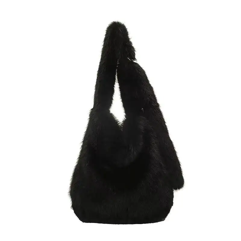 Faux Fur Slouchy Hobo Shoulder Bag with Plush Integrated Strap Large Capacity Fashion Handbag for Daily Casual Outfits