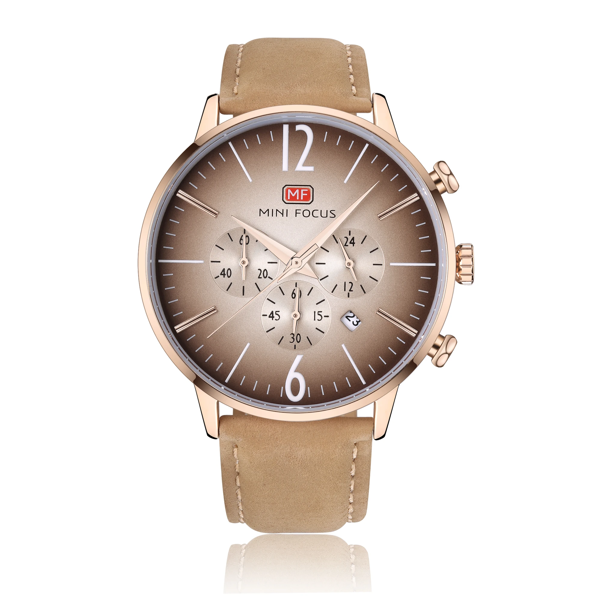 

Mini Focus MF0114G Simple Design Quartz Watches Big Dial Leather Strap Waterproof Chronograph Calendar Watch For Men