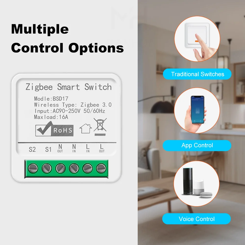 ZigBee 3.0 Smart Switch Tuya 16A Automation DIY Light Switches Module Supports 2 Way Control Smart Life for Alexa Google Home