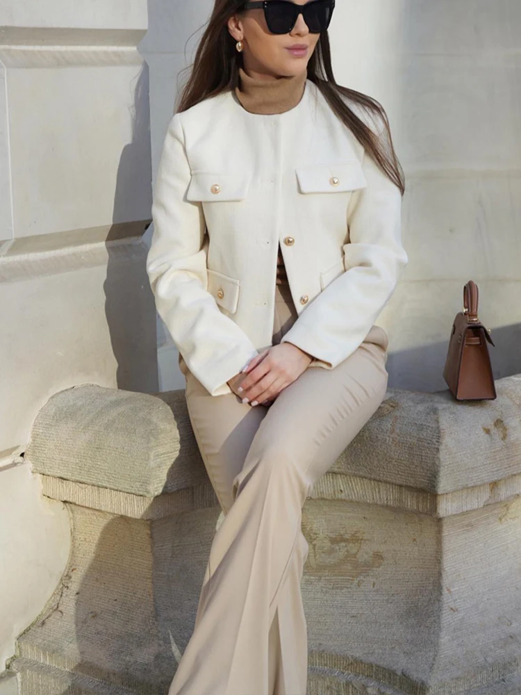 

HH 2024, женская модная текстурированная укороченная куртка, весенняя женская однобортная короткая куртка с откидным карманом, пальто, шикарный женский топ