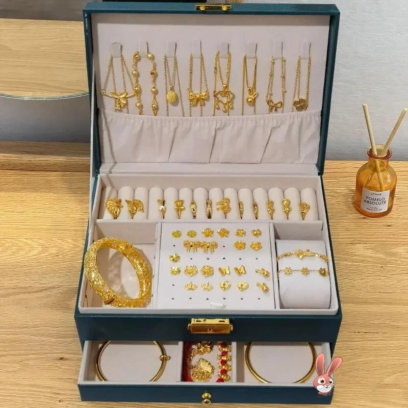 

High-End Gold Jewelry Storage Box Anti-Oxidation Three Gold Hardware Ring Earring Organizer Lockable Elegant Precise