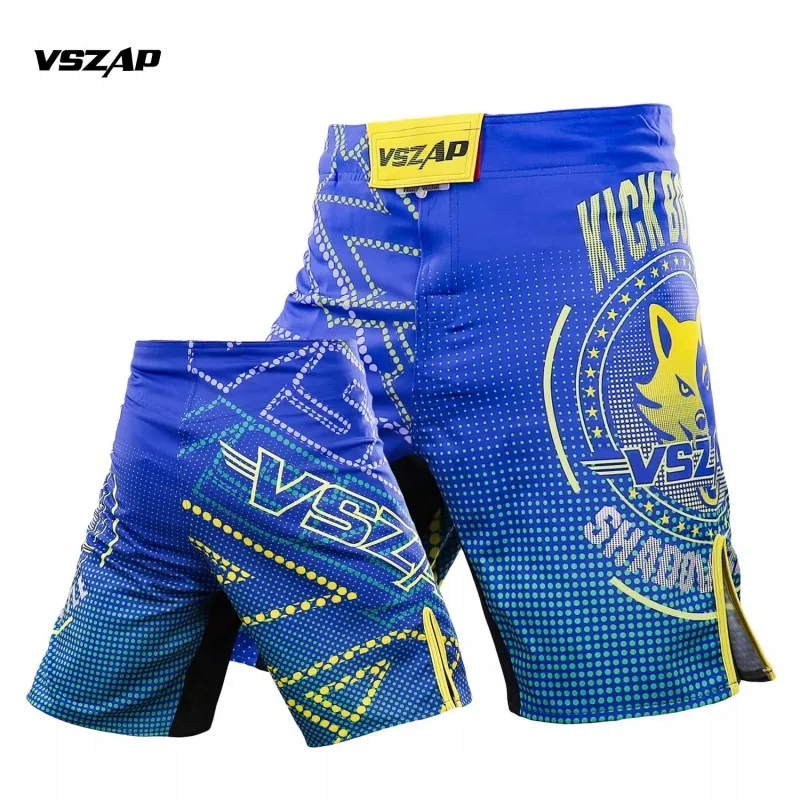 Vszap Blue Wolf Muay Thai Boxing Pants Durable Gym Sports Competition Training Grappling Trunks