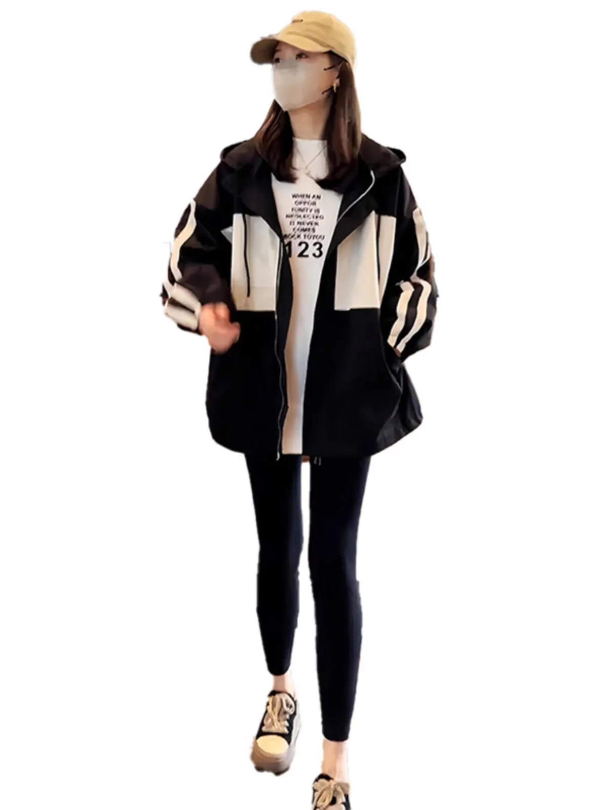 Jaqueta de Trabalho com Capuz em Patchwork Colorido para Mulheres, Moda Primavera Outono, Estilo Casual, Ajuste Solto com Zíper...