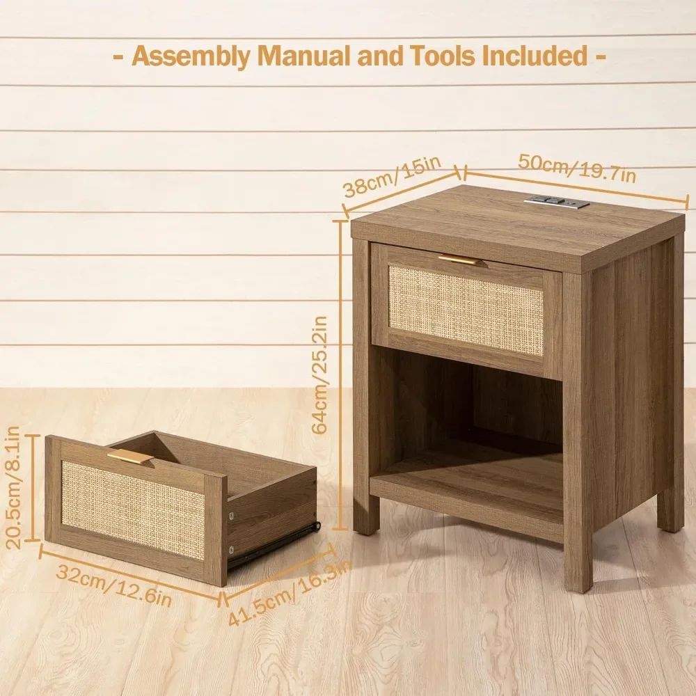 Rattanowy zestaw 2 szafek nocnych, szafki nocne ze stacją ładującą Stolik nocny z szufladą, portami USB i Type-C, szafka nocna