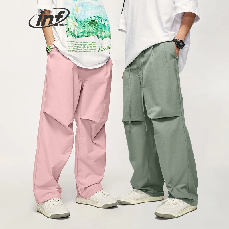 INFLAZIONE Pantaloni cargo larghi oversize rosa Pantaloni da paracadute a vita alta unisex Pantaloni cargo da esterno a gamba larga da uomo