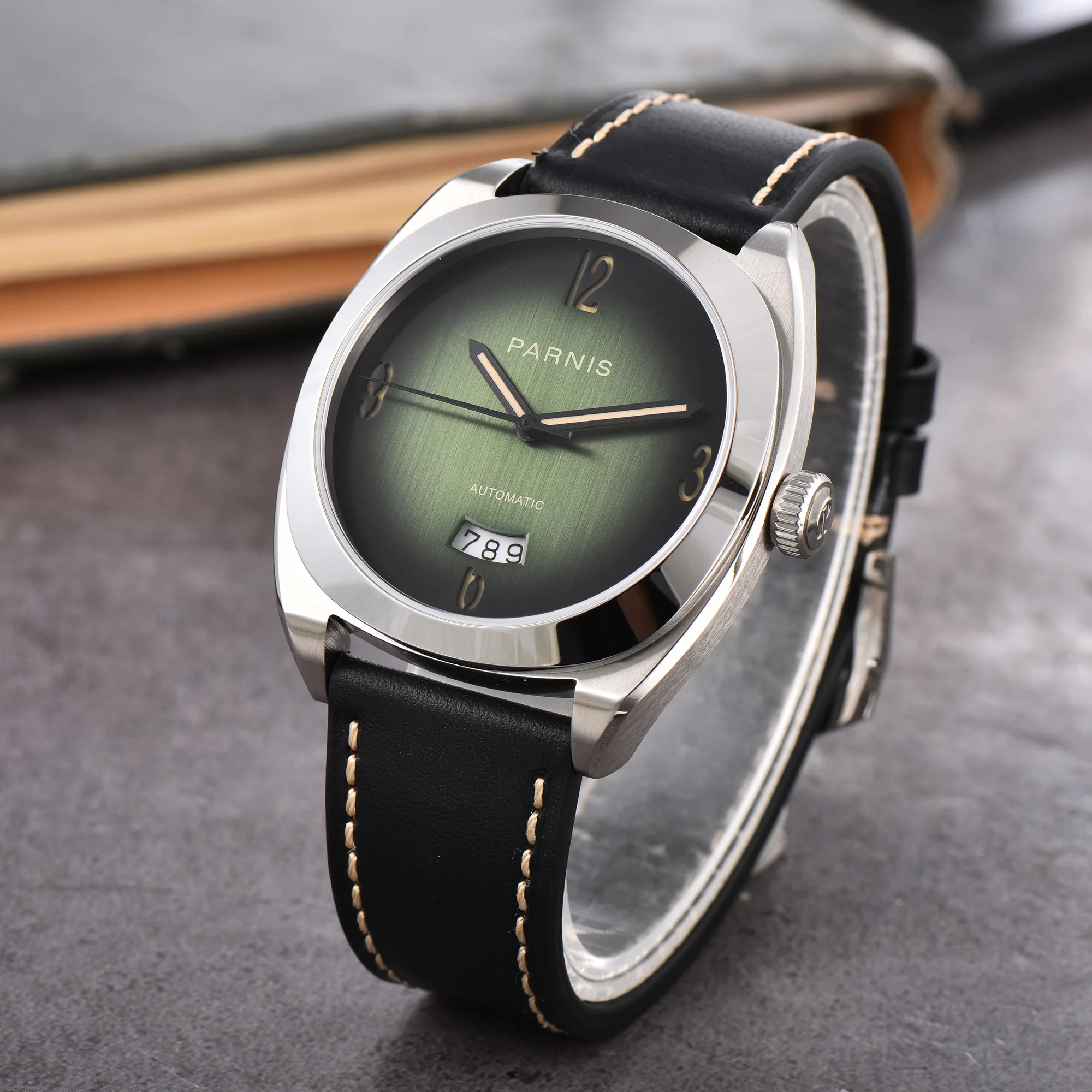 Fashion Parnis 42mm Green Dial Mechanical Automatic Men Watch Calendar Sapphire Crystal Men 5ATM Waterproof Watches reloj hombre