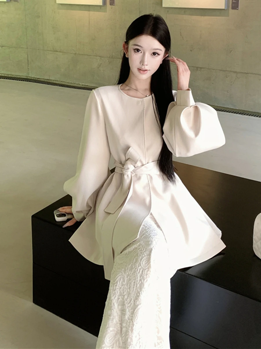 Korean Style Slimming Lantern Sleeve Suit Dress Women's Fashion Autumn Winter New Outerwear Tie Waist Design Business Casual
