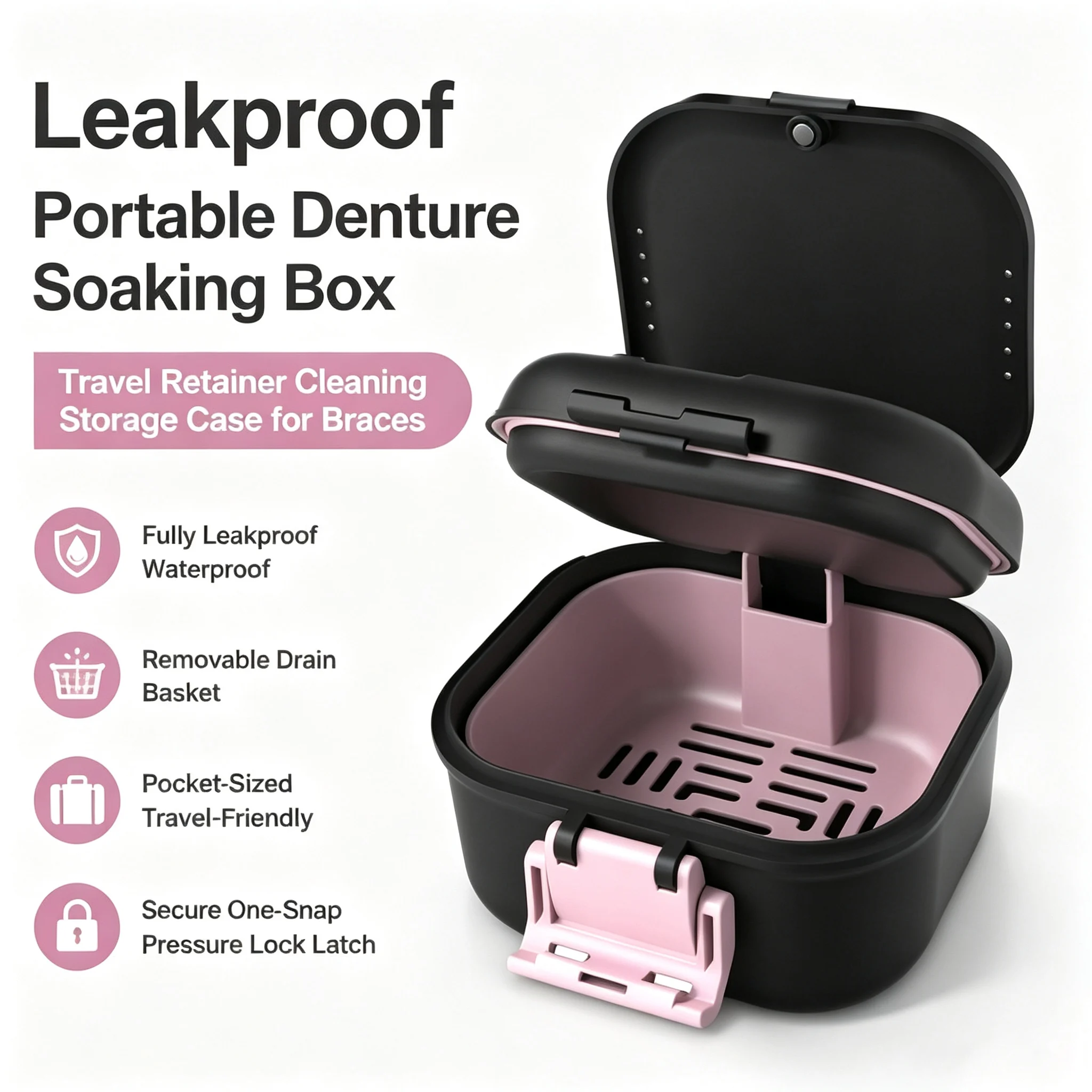 Leakproof Portable Denture Soaking Box with Removable Drain Basket Travel Retainer Cleaning Storage Case for Braces Mouth Guard