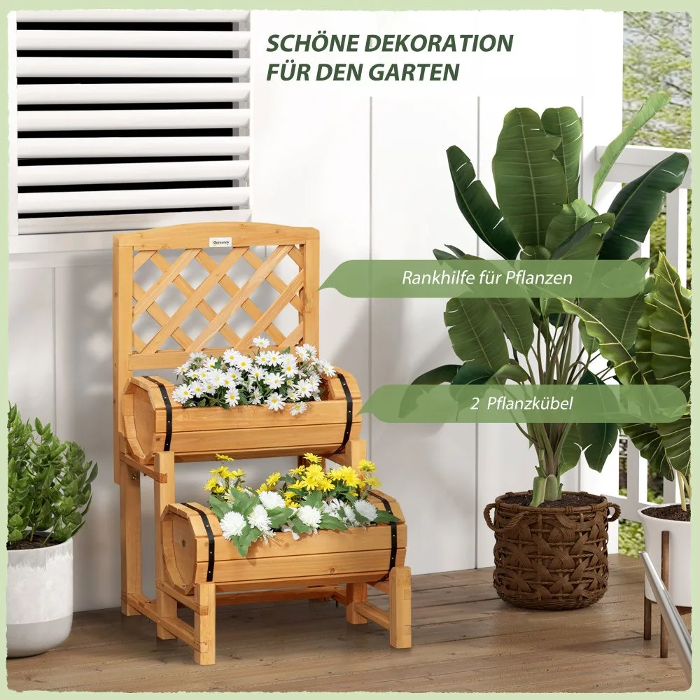 Jardinière surélevée en bois à 2 niveaux avec treillis, bac à fleurs multi-niveaux, support pour plantes grimpantes pour patio