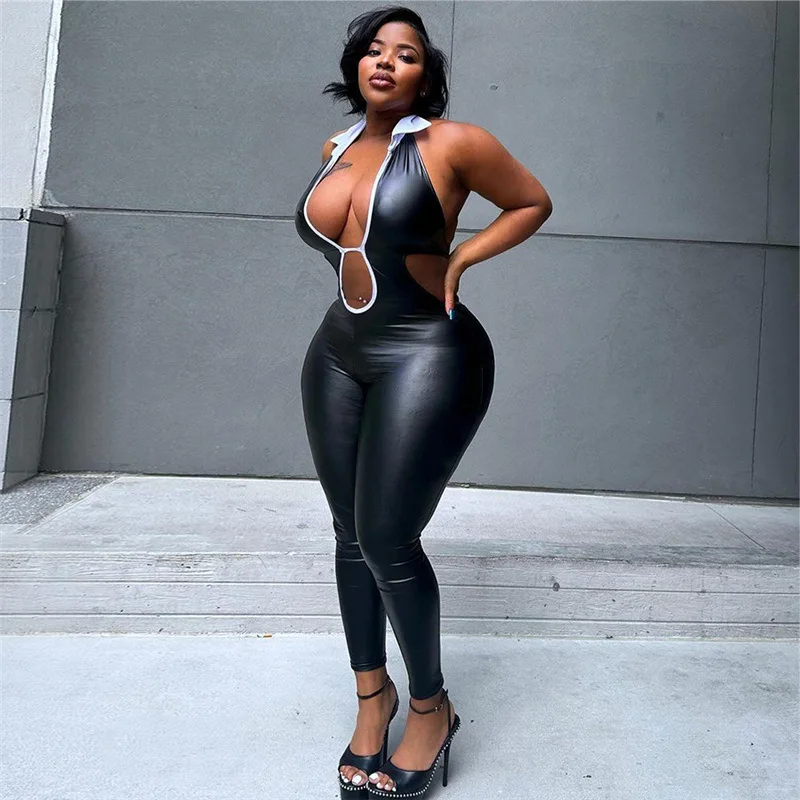 Sexy Leather PU Summer Jumpsuits 2024 Women Bodysuit Playsuit Elegant Luxury Bodycon Sexy One Piece Romper V Neck Jumpsuit
