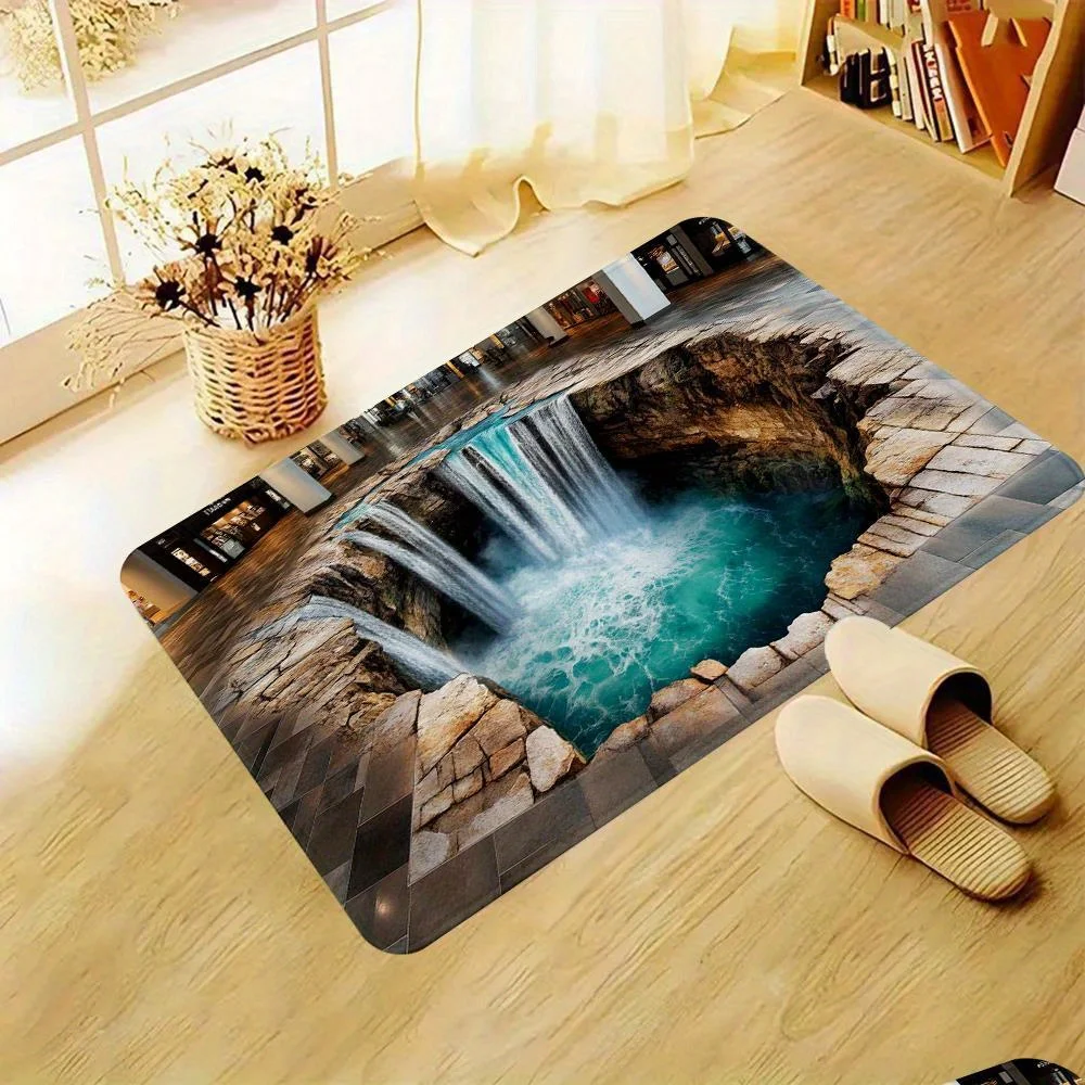 Modern Waterfall Illusion Doormat - Realistic 3D Non-Slip Floor Mat for Living Room - Washable Holiday Home Decor Carpet Rug