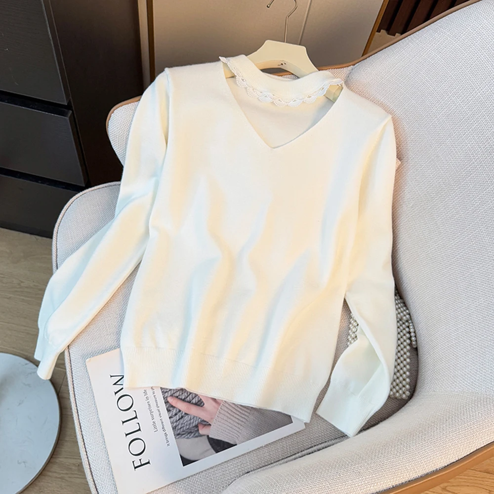 

Lace Patchwork Hollow Out Halter Neck Long Sleeve Knit Sweater Women's Korean Style 2025 Autumn Unique Design Elegant Female Top