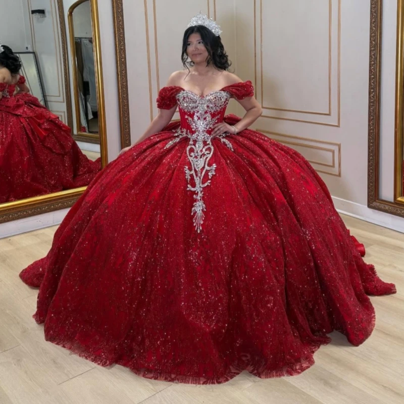 

Red Shiny Quinceanera Dresses Off The Shoulder Sequin Applique Lace Beading Crystal Bow Tull Party Birthday Sweet 16 Dres Vestid