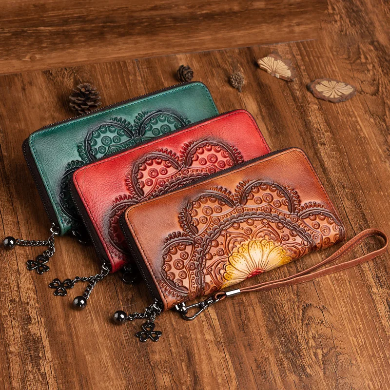 

Women's top layer cowhide wallet, long vintage genuine leather wallet, women's hand-painted hand-held wallet