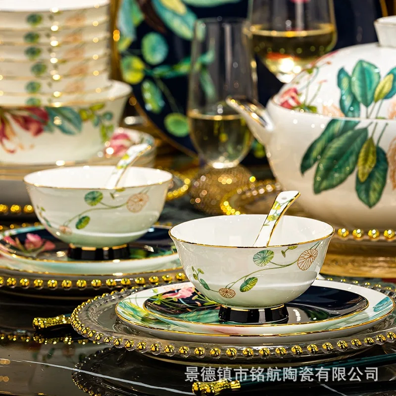 DZ-12 Bone China Tableware Set, Dishes, Household Light Luxury High-end European Jingdezhen
