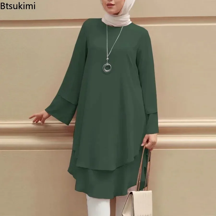 New Women Muslim Blouse Fashion Two-layer Design Elegant Female Holiday Party Solid Shirt Tops Turkey Long Robe Abaya Hijab 2026