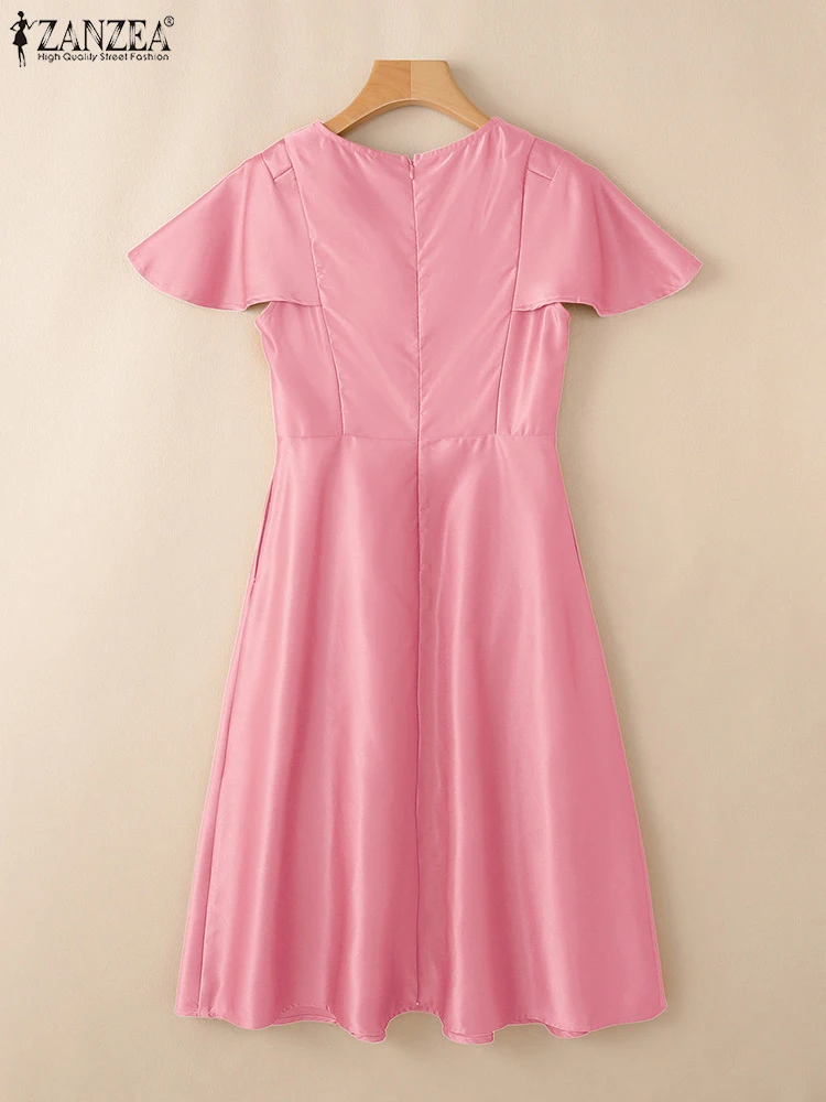 2025 zanzea elegante vestido de festa feminino verão trabalho ol vestidos escritório cetim vestido de verão elegante manga curta midi robe sólido