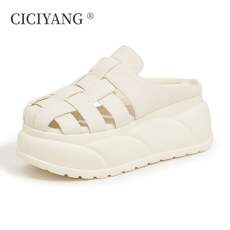 

CICIYANG 7.5cm Thick Soled Slippers for Women 2025 New Summer Woven Pig Cage Shoes Ladies High Heels Roman Sandals Mules