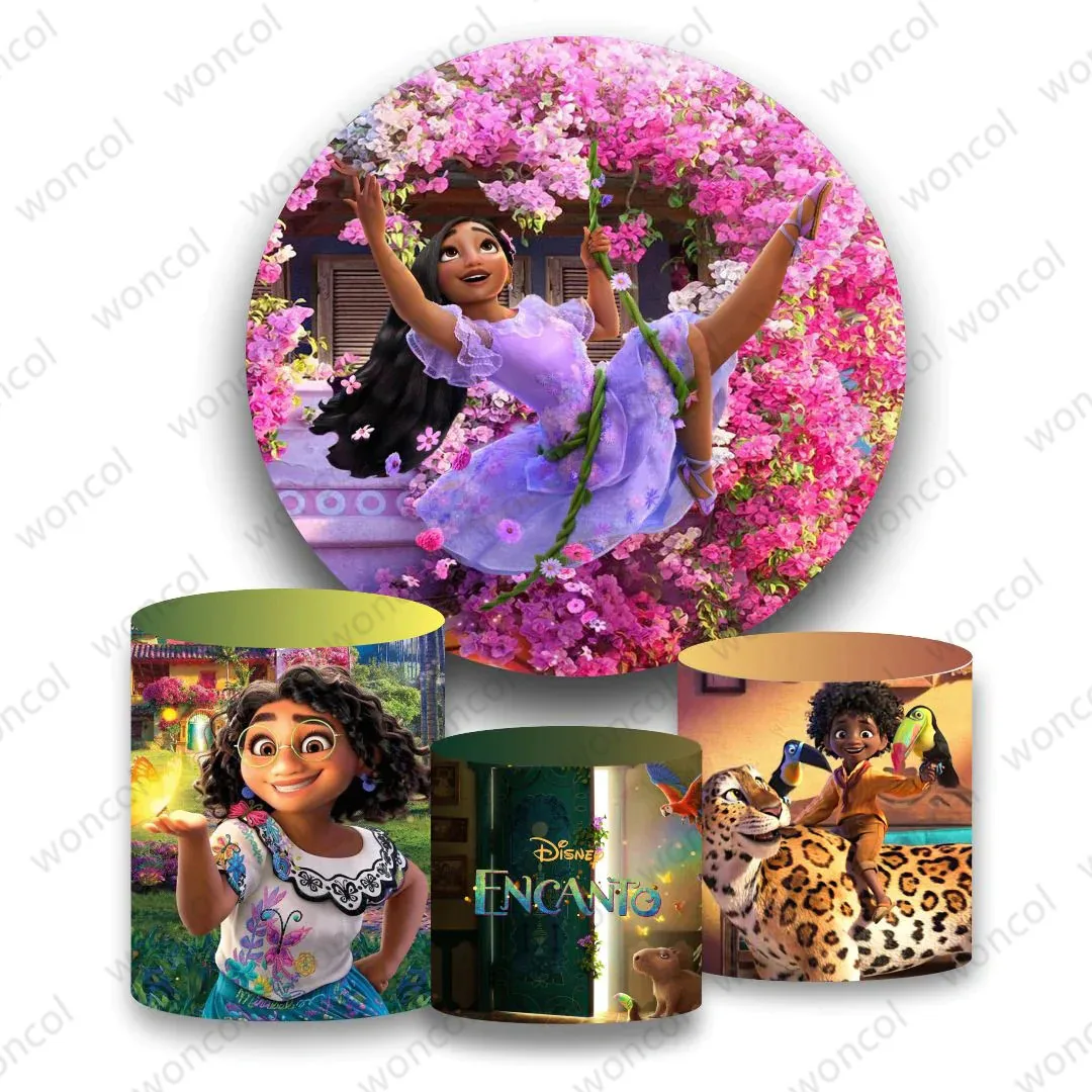 Encanto Isabela Round Backdrop Girl Birthday Baby Shower Backdrop Disney Encanto Antonio Mirabel Cylinder Cover Decor Photo Prop