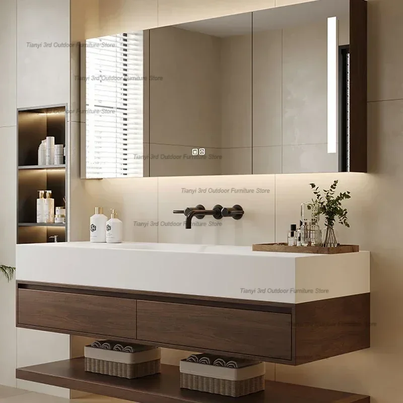 Vintage Log Smart Mirror Cabinet Vanity with Sink Large Capacity Storage Bathroom Cabinet Simple Furniture Тумба С Ящиками FYBC